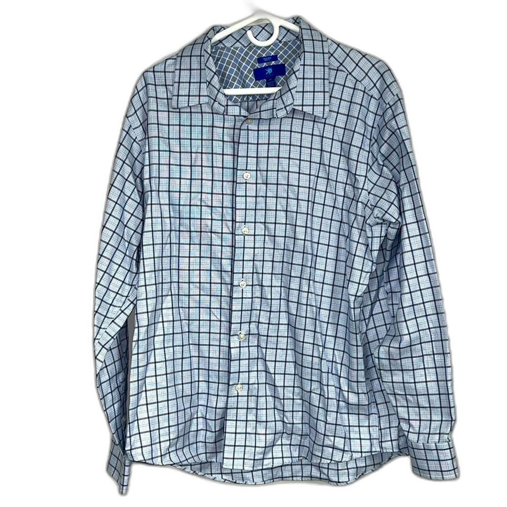 EGARA Dress Shirt Mens XL Blue Plaid Long Sleeve Non-Iron Slim Fit Flip Cuff